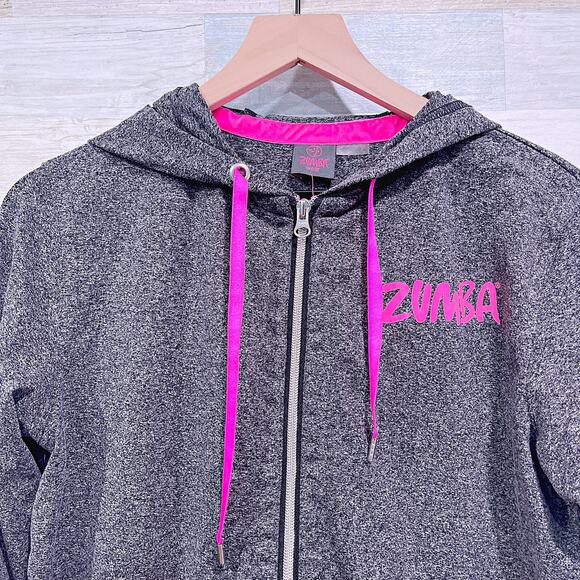 ZUMBA Elegance Full Zip Logo Hoodie Gray Pink Kangaroo Pocket Womens Small - Picture 2 of 9